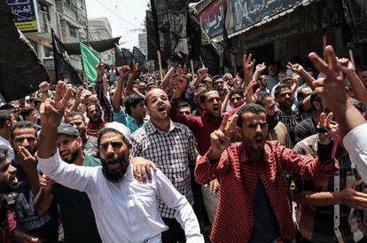Manifestantes palestinos durante una protesta en la ciudad de Khan Yunis, en la Franja de Gaza.