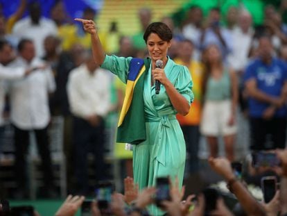 Michelle Bolsonaro, el 24 de julio en un mitin en Río de Janeiro.