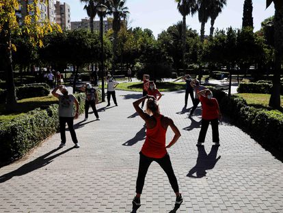 Un grupo de personas hace ejercicio en un parque de Valencia.