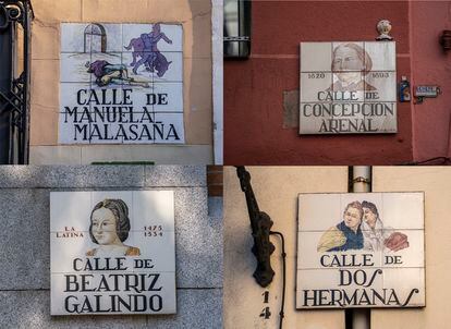 Las calles con nombre de mujer céntricas son la excepción. La mayoría se encuentran en los barrios de la periferia. En la imagen, placas del callejero madrileño.