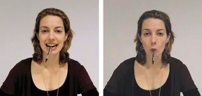 Los investigadores que estudian cómo la expresión facial afecta al estado de ánimo utilizaron un bolígrafo para obligar a la gente a hacer una expresión de sonrisa (izquierda) o de puchero (derecha).
