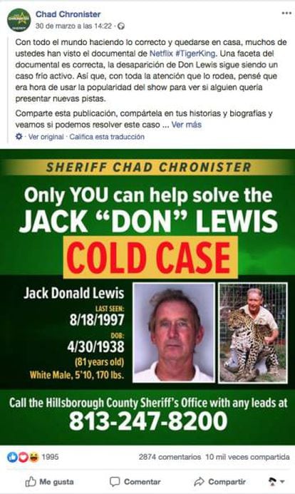 Llamamiento del sheriff Chad Chronister, del Condado de Hillsborough, Florida, para pedir ayuda en el caso de la desaparición de Jack Lewis.