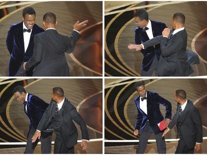 Secuencia del momento en que Will Smith golpea a Chris Rock en la ceremonia de los Oscar, el pasado domingo.