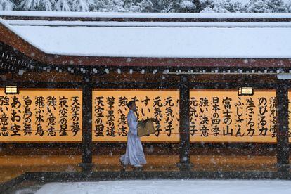 Un hombre camina por el santuario Meiji Jingu en Tokio (Japón), el 22 de enero de 2018.