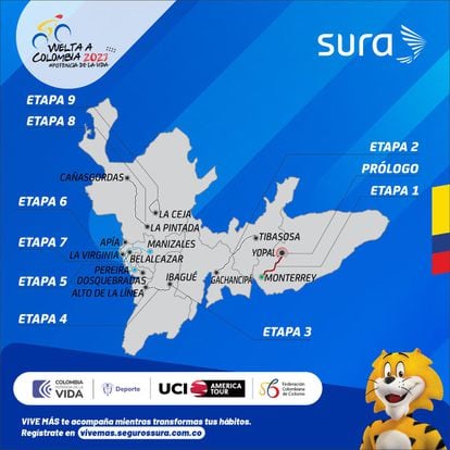 Mapa con las diferentes etapas de la Vuelta a Colombia 2023.