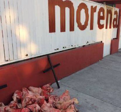 Cabezas de cerdo frente a las oficinas de Morena en Tlanepantla.