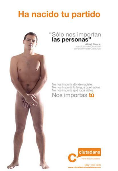 Cartel electoral presentado por Ciutadans-Partit de la Ciutadania, en el que aparece su candidato, Albert Rivera, desnudo.