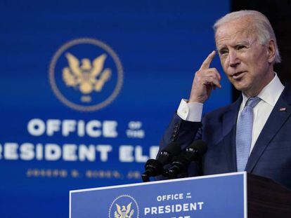 President-elect Joe Biden speaks at The Queen theater in Wilmington, Del., Wednesday, Jan. 6, 2021. Biden has called the violent protests on the U.S. Capitol 