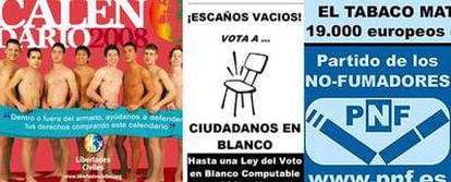 Carteles de tres partidos que se presentan a las próximas elecciones: Libertades Civiles, Ciudadanos en Blanco y el Partido de los No-Fumadores.
