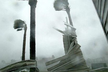 Una valla de aluminio arrancada por la fuerza de los vientos choca contra unas palmeras en Clewiston, Florida.