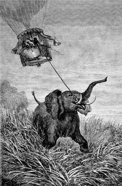 Ilustración original de 'Cinco semanas en globo', de Jules Verne.
