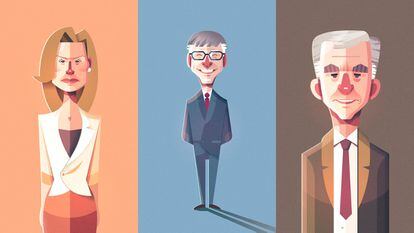 Ilustraciones de Alicia Koplovitz, Bill Gates y Bernard Arnault.