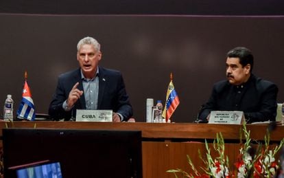 The president of Cuba, Miguel Díaz-Canel, and that of Venezuela, Nicolás Maduro, during the Bolivarian summit that took place this Tuesday in Havana.
