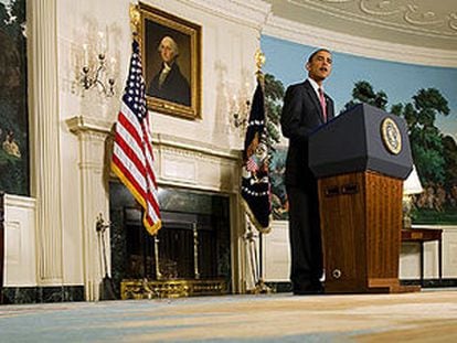 Obama en la Casa Blanca durante su discurso sobre Irán