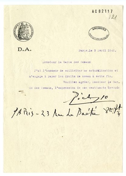 Petición de nacionalización de Pablo Picasso que fue rechazada por Francia.