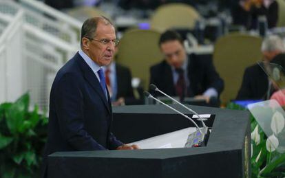 El ministro de Asuntos Exteriores ruso Sergei Lavrov durante su intervenci&oacute;n en la Asamblea General de Naciones Unidas. 