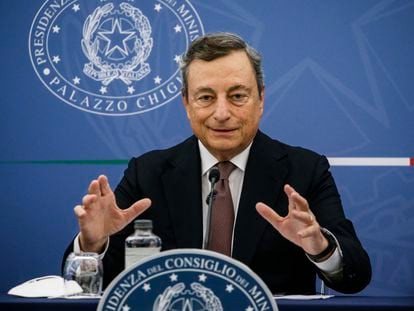 El primer ministro italiano, Mario Draghi, en rueda de prensa este jueves.
