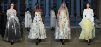 Several models pose in Erdem designs at London Fashion Week.