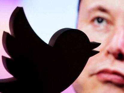 Logo de Twitter sobre una imagen de Elon Musk