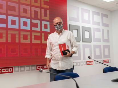 El secretario general de CCOO, Unai Sordo, este viernes durante una rueda de prensa en Madrid.