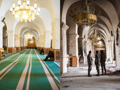 Sala de rezos de la Mezquita Omeya de Alepo. En la parte izquierda, foto tomada en 2010; a la derecha foto tomada en 2017.
