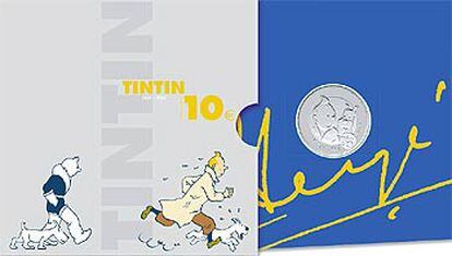 Aspecto de la moneda conmemorativa de 10 euros editada con motivo del 75º aniversario de Tintín.