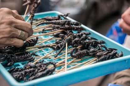 Brochetas de escorpión en un mercado local en la Kao San Road, en Bangkok (Tailandia).