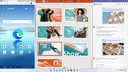 Fotografía cedida por Microsoft donde se aprecia la función multitarea de su nuevo sistema operativo Windows 11 que permite asignar distintas medidas y formas a las ventanas, de manera que se puede elegir tener hasta tres ventanas diferentes abiertas y visibles a la vez en forma de columna, una junto a la otra. 