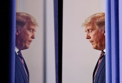 El presidente de EE UU, Donald Trump, en la sala de prensa de la Casa Blanca el jueves.