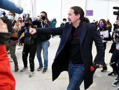 Pablo Iglesias, entonces líder de Podemos, acude en 2021 a un mitin del partido en Collado-Villalba.