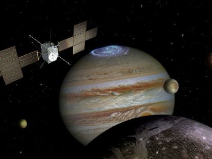 Representación artística de la sonda JUICE junto a Júpiter y sus lunas heladas.
