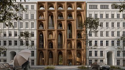 Recreación de un edificio en Berlín que tomaría los modos y materiales de construcción del proyecto TOVA para aplicarse a construcciones de varias alturas en grandes ciudades.