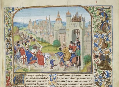 Isabel de Francia es recibida por su hermano Carlos IV en París, en una miniatura de las crónicas de Froissart.