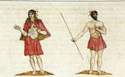 Indígenas de La Gomera, según ilustración de Leonardo Torriani (1592).