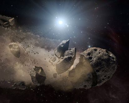 Ilustración de la desintegración de un asteroide que orbita una estrella.