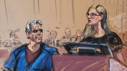 Jeffrey Epstein escucha durante la vista a una víctima