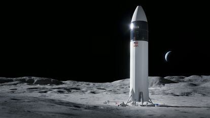 Recreación de la nave espacial de SpaceX que llevará astronautas de la NASA a la superficie de la Luna durante la misión 'Artemis'.