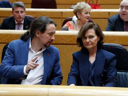 Pablo Iglesias y Camen Calvo, el pasado miércoles en el Senado.