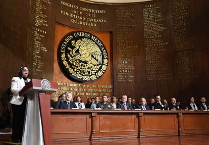 La ministra presidente Norma Piña durante su participación en la ceremonia del 106 aniversario de la promulgación de la Constitución.