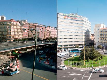 A la izquierda, inicio de las obras de desmontaje del paso elevado de Cuatro Caminos, en enero de 2004. A la derecha, el balcón de Pedro Miguel Lucía sin scalextric.