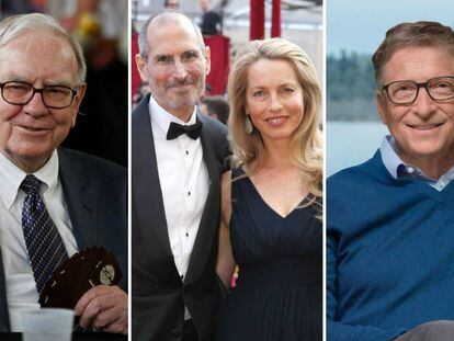 De izquierda a derecha: Warren Buffett, Steve y Lauren Jobs y Bill Gates.
