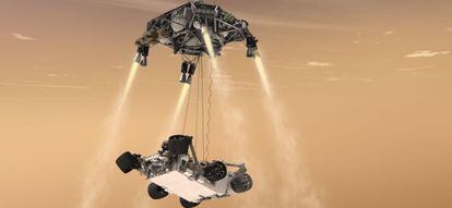 Ilustración de la grúa espacial con el vehículo Curiosity colgando durante el descenso en la superficie de Marte.