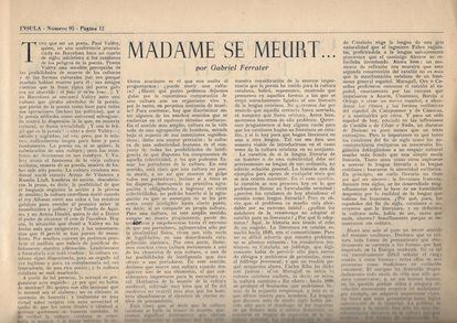 Un fragment de “Madame se meurt…” d'en Gabriel Ferrater, tal com va sortir a Ínsula, a una imatge cedida.