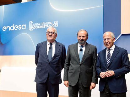 José Bogas, consejero delegado de Endesa; Juan Sánchez-Calero, presidente de Endesa; y Francesco Starace, consejero delegado y director general de Enel.