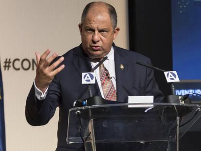 El presidente de Costa Rica, Luis Guillermo Sol&iacute;s, este martes en Madrid.