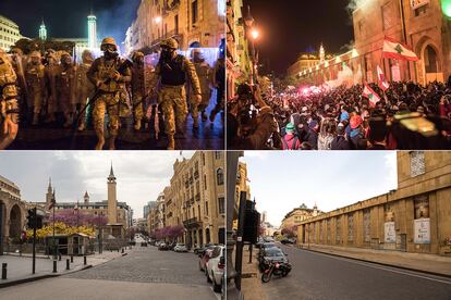 Combo de imágenes de los manifestantes en Beirut, en diciembre. Abajo, el mismo lugar el 26 de marzo.