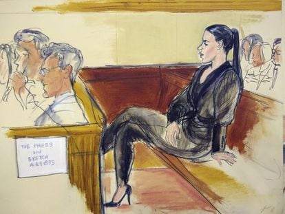 Ilustración de Emma Coronel sentada en la sala del tribunal el martes 13 de noviembre de 2018, mientras se iniciaba el juicio contra Guzmán Loera.