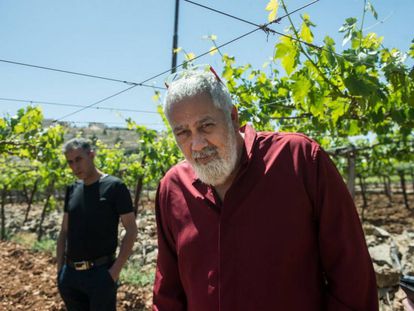 El empresario israelí David Ben Shabbat, con un socio palestino en un viñedo de Hebrón.