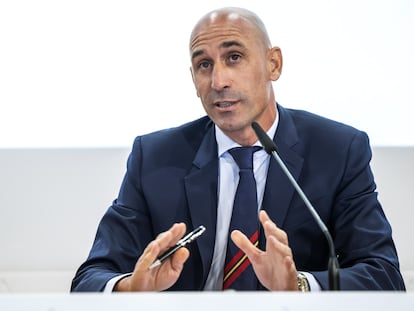 Luis Rubiales, en la rueda de prensa en la que se anunció que Ucrania se unía a la candidatura ibérica del Mundial 2030.