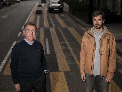 Xavier Llobet, presidente de los comerciantes de Cor Eixample; y Guille López, portavoz de Eixample Respira, en la calle de Consell de Cent.